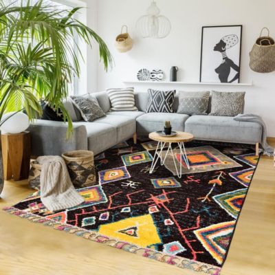 Tapis berbère tissé motif ethnic AGAD, marron foncé, jaune, vert, beige, bleu