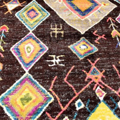 Tapis berbère tissé motif ethnic AGAD, marron foncé, jaune, vert, beige, bleu