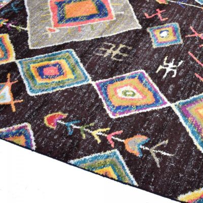 Tapis berbère tissé motif ethnic AGAD, marron foncé, jaune, vert, beige, bleu