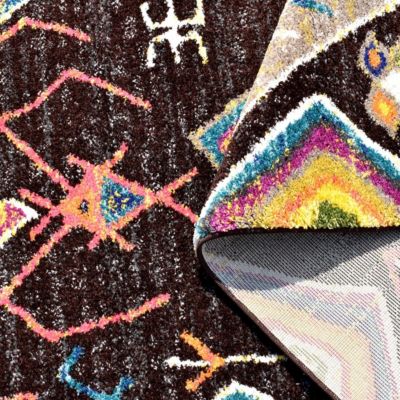 Tapis berbère tissé motif ethnic AGAD, marron foncé, jaune, vert, beige, bleu