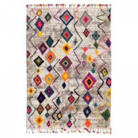 Tapis berbère tissé motif ethnic ESSARO, gris, rouge, jaune, bleu, violet