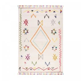 Tapis berbère tissé motif ethnic JADIDA, crème, beige, orange, multicolore