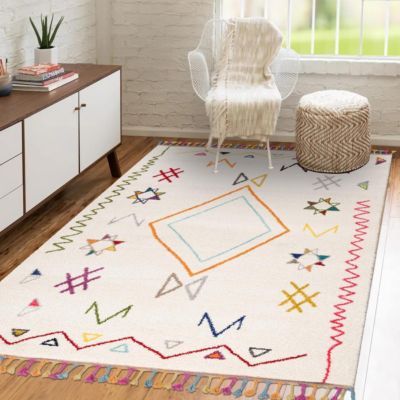 Tapis berbère tissé motif ethnic LYN5, crème, beige, orange, multicolore