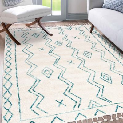 Tapis berbère tissé motif ethnic LYN5, crème, turquoise