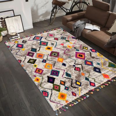 Tapis berbère tissé motif ethnic LYN5, gris, rouge, jaune, bleu, violet