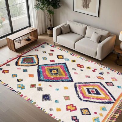 Tapis berbère tissé motif ethnic OURIKA 4, ivoire