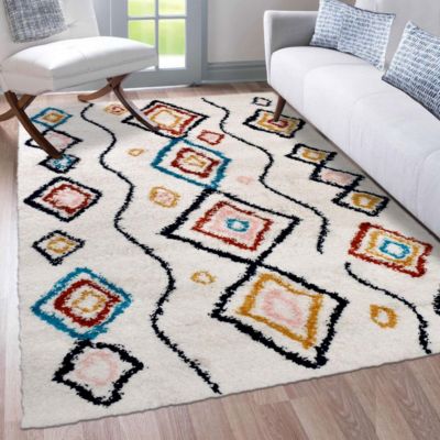 Tapis berbère tissé motifs ethno-chic EFAL-D, écru, rouge, jaune
