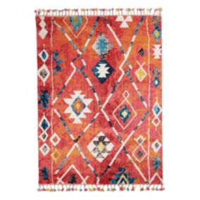Tapis berbère tissé motifs tribaux BERBAL B, bleu, jaune, rose, orange, blanc