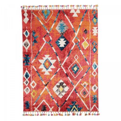 Tapis berbère tissé motifs tribaux BERBAL B, bleu, jaune, rose, orange, blanc