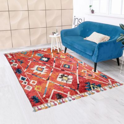 Tapis berbère tissé motifs tribaux BERBAL B, bleu, jaune, rose, orange, blanc