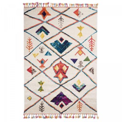 Tapis berbère tissé motifs tribaux LYN5 OURIKA C, blanc