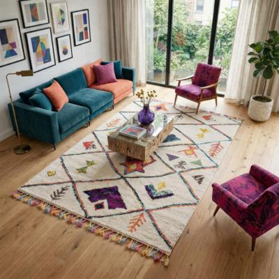 Tapis berbère tissé motifs tribaux LYN5 OURIKA C, blanc