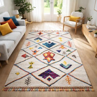 Tapis berbère tissé motifs tribaux LYN5 OURIKA C, blanc