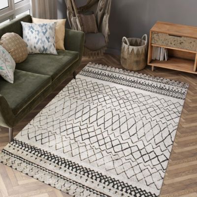 Tapis berbère tissé motifs tribaux MABAL, écru