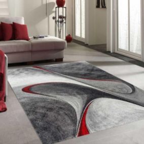 tapis chambre 100x100 tissé rouge et gris carré motif géométrique MADILA