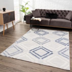 tapis chambre 120x160 tissé gris clair et bleu rectangle motif géométrique DOUCA