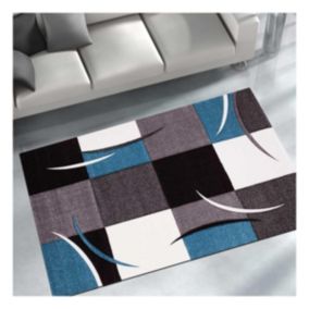 tapis chambre 120x170 tissé bleu rectangle motif damier COMMA