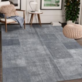 tapis chambre 120x170 tissé gris et bleu rectangle motif faux uni NIKAL