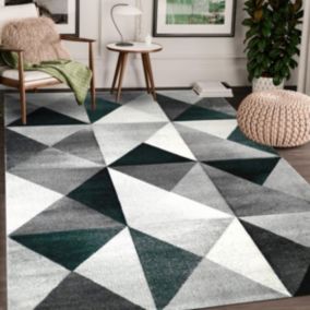 tapis chambre 120x170 tissé gris et vert rectangle motif géométrique TRANDOU