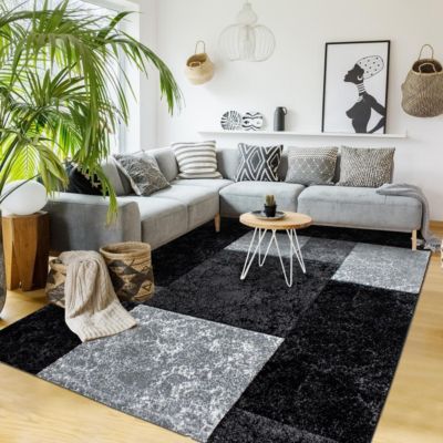 tapis chambre 120x170 tissé noir et gris rectangle motif géométrique CARARELLE