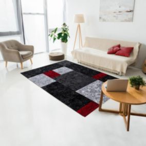 tapis chambre 120x170 tissé rouge et gris rectangle motif géométrique CARARELLE