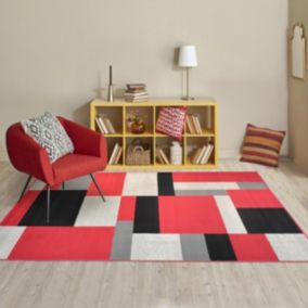 tapis chambre 120x170 tissé rouge et noir rectangle motif géométrique AF1 DARBU