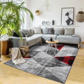 tapis chambre 150x220 tissé rouge et gris rectangle motif géométrique SOLTAM