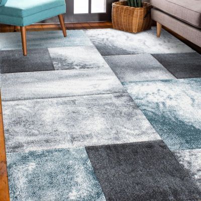 tapis chambre 160x230 tissé bleu et gris clair rectangle motif géométrique