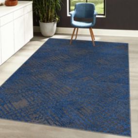 tapis cuisine 75x150 tissé bleu et gris rectangle motif faux uni TEREMINDE