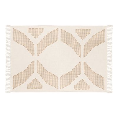 Tapis décoratif Blanc Ivoire et Beige lin motif en relief brodé 120 x 170 cm