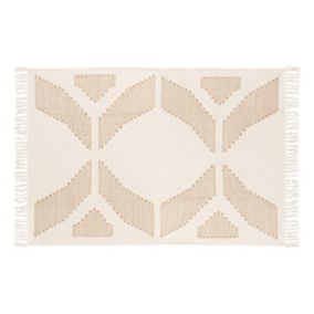 Tapis décoratif Blanc Ivoire et Beige lin motif en relief brodé 120 x 170 cm