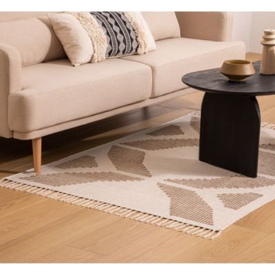 Tapis décoratif Blanc Ivoire et Beige lin motif en relief brodé 120 x 170 cm