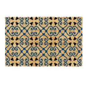 Tapis d'entrée en fibre de coco à motifs imprimé géométrique bleu et noir L.60 x l.4 L.75 x l.45 x ep.1,5 cm