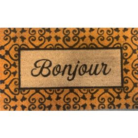 Tapis d'entrée en fibre de coco " Bonjour " noir et orange L.75 x l.45cm