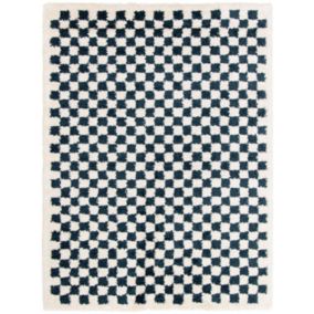 Tapis damier à poils longs - Colorama - Bleu pétrole - 160 x 230 cm