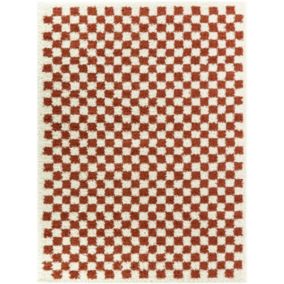 Tapis damier à poils longs - Colorama - Rouge terracotta - 120 x 170 cm