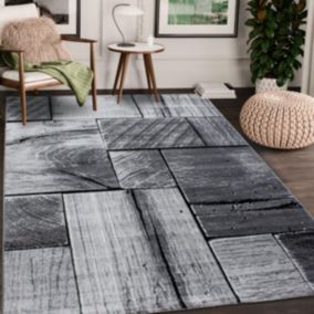 Tapis de couloir 80x300 tissé motif géométrique PLONO gris clair et gris foncé