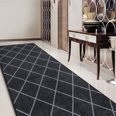 Tapis de couloir sur mesure Cosenza à motif en losanges, Noir, 80 x 250 cm