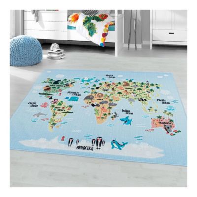 Tapis de jeu antidérapant pour fille et garçon World 230x160 CM - Bleu