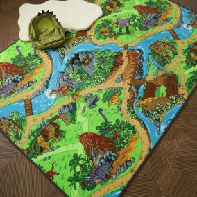 Tapis de jeu enfant - Circuit de voiture - Volcans et dinosaures - 120 x 170 cm