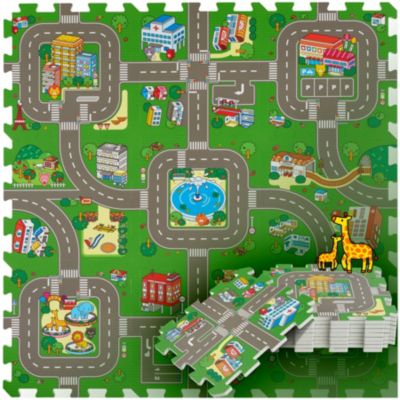 Tapis de puzzle 9 pièces avec motif de ville et de rue utilisable comme tapis de jeu, protection ou tapis