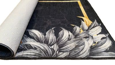 Tapis de salon 80x150 cm Polyester Feuille Noir