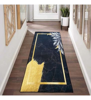 Tapis de salon 80x150 cm Polyester Feuille Noir