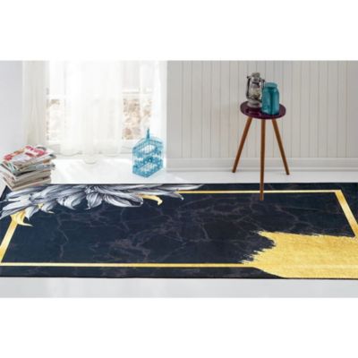 Tapis de salon 80x150 cm Polyester Feuille Noir