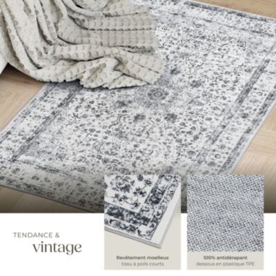 Tapis design vintage à poils courts en laine synthétique et feutre résistant et lavable