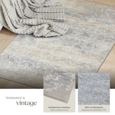 Tapis design vintage à poils courts en laine synthétique et feutre résistant et lavable