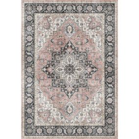 Tapis doux à motif oriental - Yasmine - Bleu nuit et rose - 120 x 160 cm