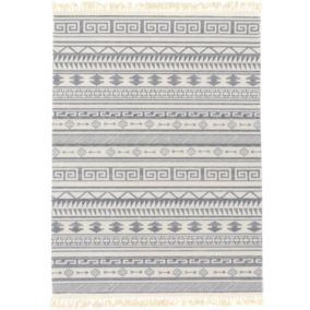 Tapis en coton blanc à franges - Aztèque - Motifs noir - 120 x 160 cm