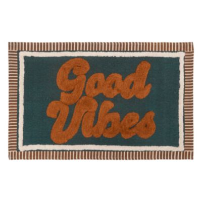 Tapis en coton brodé "Good vibes" (90x60 cm - Bleu Canard)