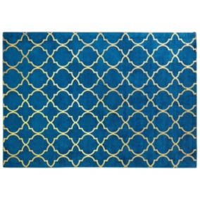 Tapis en viscose et coton doré et bleu marine au motif marocain avec craquelures 160 x 230 cm YELKI